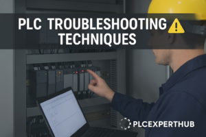 PLC technician diagnosing faults using online monitoring and diagnostic tools